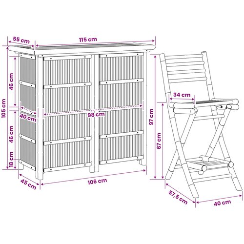  Vanjski bar stol i stolice 3 kom. 2-sjedala Prirodna Bambus Smeđa 115 x 55 x 105 cm Slike
