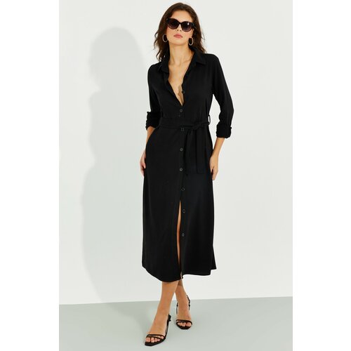 Cool & Sexy Women's Black Shirt Midi Dress with Pocket Slike