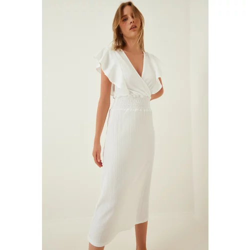 Happiness İstanbul Women's White Ruffle Textured Knitted Dress