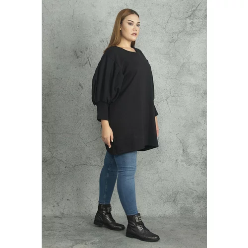 Şans Women's Plus Size Black Sleeve Detailed Inner Raising Sweatshirt Dress