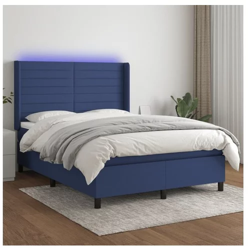  Box spring postelja z vzmetnico LED modra 140x200 cm blago
