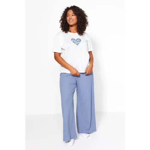 Trendyol Curve Blue Heart Patterned Ribbed Knitted Pajamas Set