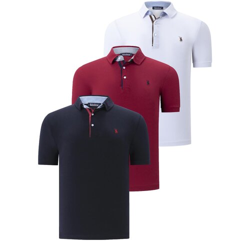 Dewberry TRIPLE SET T8582 MENS T-SHIRT-NAVY BLUE-WHITE-BURGUNDY Slike