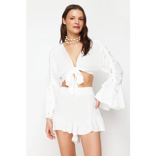 Trendyol Ecru Woven Ruffle Blouse Shorts Set