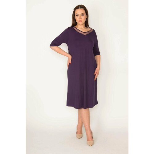 Şans Women's Plus Size Purple Collar Tulle And Lace Detailed Dress Cene