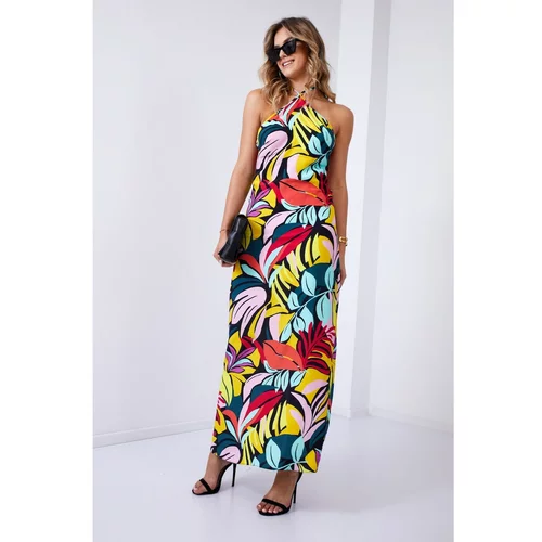Fasardi Patterned maxi dress with a black tie around the neck