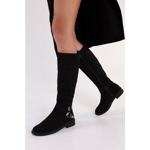 Shoeberry Women's Steele Black Suede Buckle Flat Heeled Boots Black Suede Cene