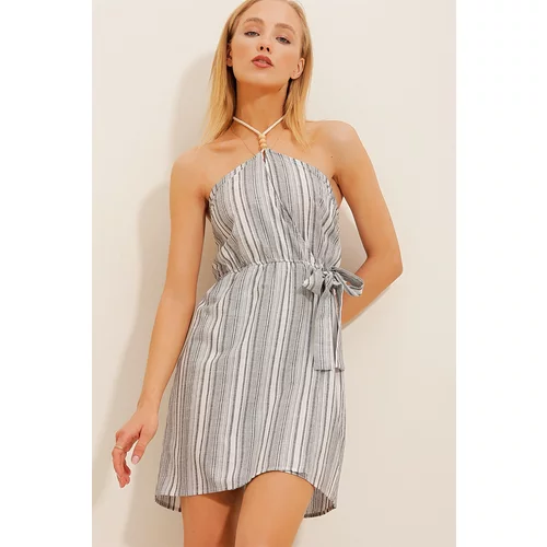 Trend Alaçatı Stili Women's Gray Halter Neck Striped Linen Dress