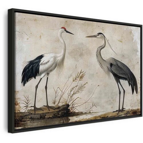 Slika - Birds from an old engraving - vintage-style illustration depicting a heron and a crane 120x80 U crnom drvenom okviru Cene