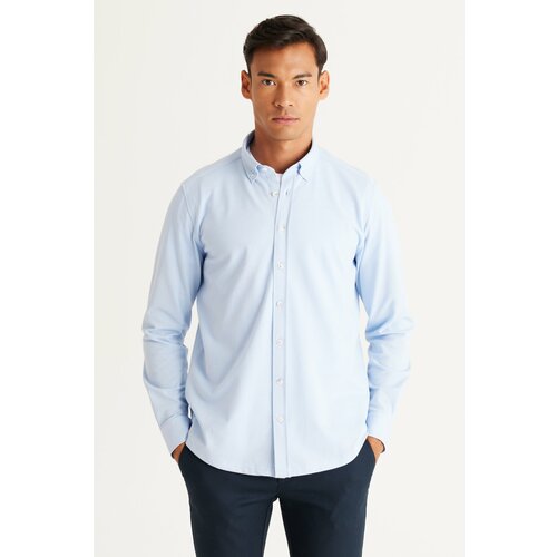 ALTINYILDIZ CLASSICS Men's Light Blue Slim Fit Slim Fit Button-down Collar Pique Patterned Knitted Shirt. Slike