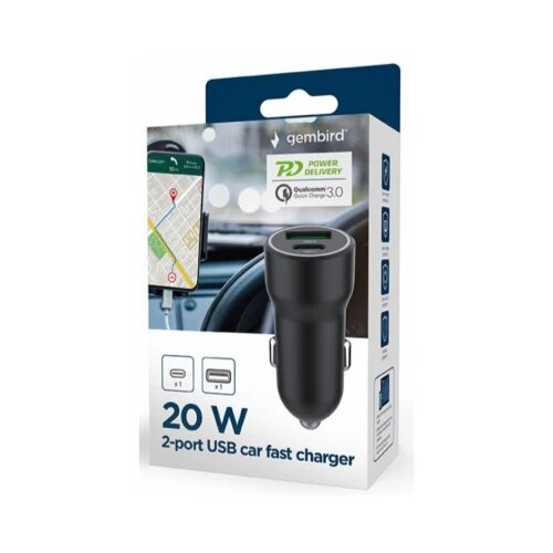Gembird TA-UC-A2PDQC20-CAR-01 2-port USB car fast charger, Type-C PD, 20 W, black Cene