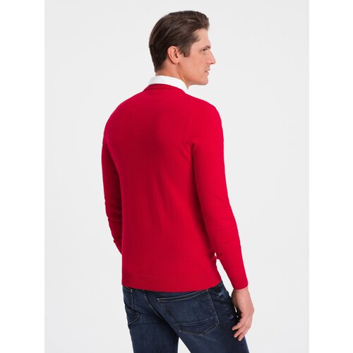 Ombre Men's sweater with a "v-neck" neckline with a shirt collar - red Cene