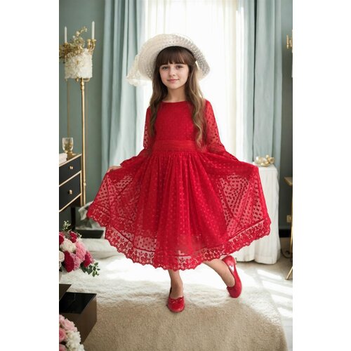 Dewberry N8712 Princess Model Girls Dress with Hat &amp;amp; Lace-RED Slike