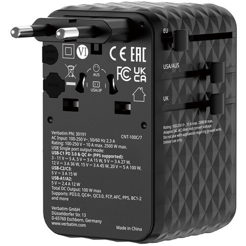 Verbatim Charge 'n' Travel 100W Universal Travel Adapter with retractable cable Black Cene
