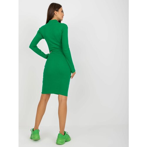 Fashion Hunters Basic green ribbed dress with turtleneck for everyday wear Slike