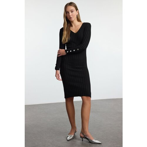 Trendyol Black Midi Knit Basic V Neck Dress Slike