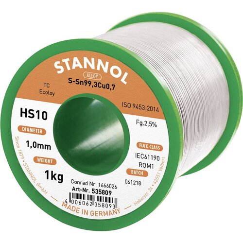 Stannol HS10 2\,5% 1\,0MM SN99\,3CU0\,7 cd 1000G spajkalna žica\, neosvinčena neosvinčeni\, tuljava Sn99\,3Cu0\,7 ROM1 1000 g 1 mm, (20395514) Slike