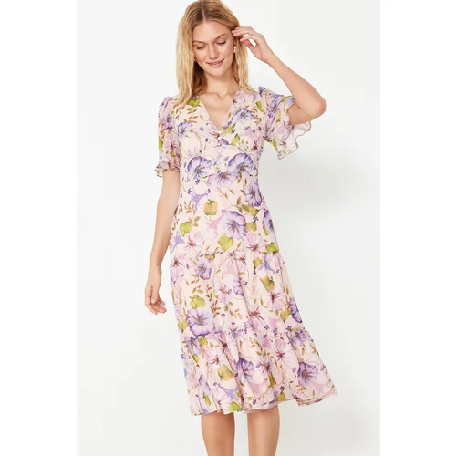 Trendyol Pink Floral Print A-Cut Flounced Midi Lined Chiffon Woven Dress Trendyol Pink Floral Print A-Cut Flounced Midi Lined Chiffon Woven Dress