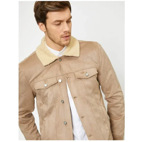 Koton Men's Gray Collar Faux Cure Detailed Coat