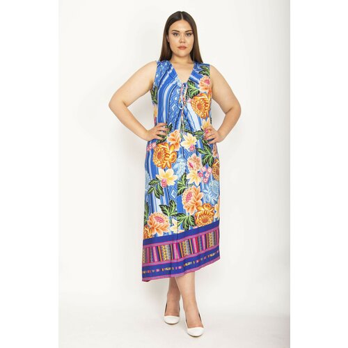 Şans Women's Plus Size Colored Gathering And Lace Detail Hem Bias Cut Colorful Dress Slike