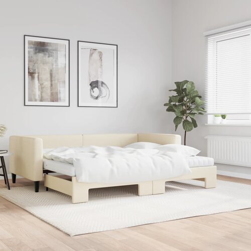 VidaXL Izvlečna dnevna postelja z vzmetnicami krem 90x200 cm blago Slike