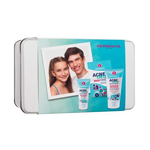 Dermacol AcneClear set: gel krema za obraz AcneClear Moisturising Gel-Cream 50 ml + čistilni gel AcneClear Antibacterial Face Wash Gel 150 ml + maska za obraz AcneClear Mask 2 x 8 ml + pločevinasta škatla za ženske Cene