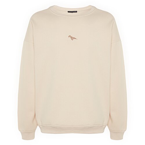 Trendyol Beige Men&amp;#039;s Men&amp;#039;s Oversize Crew Neck Soft Pillow Dinosaur Embroidery Sweatshirt. Slike