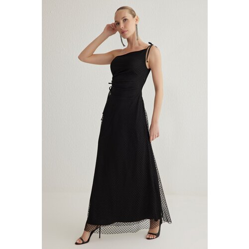 Trendyol Black A-Line Asymmetrical Neck Tulle Knitted Long Evening Dress Slike