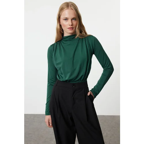 Trendyol Emerald Green Fitted Stand Collar Gathered Drape Detailed Snap-Front Flexible Knitted Bodysuit