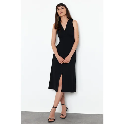 Trendyol Black A-line V-neck Slit Detailed Midi Woven Dress