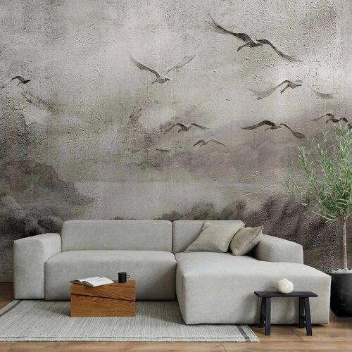  Foto tapeta - Swan flight - abstract landscape of birds over a lake with texture 100x70 Premium Cene