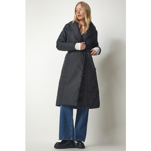  Women's Black Belted Shawl Collar Quilted Coat Cijene