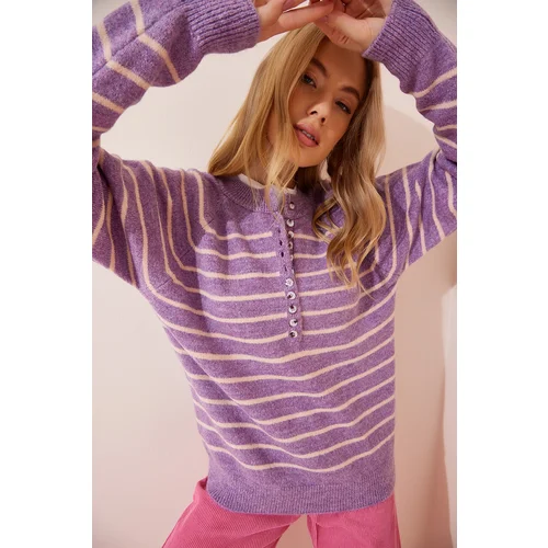  Women's Lilac Buttoned Collar Knitwear Sweater