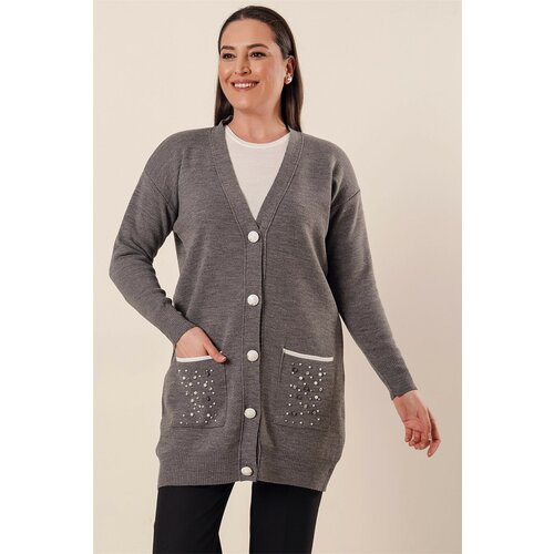 By Saygı Beads And Stones Detail With Pockets And Buttons In The Front Plus Size Acrylic Cardigan Gray Slike