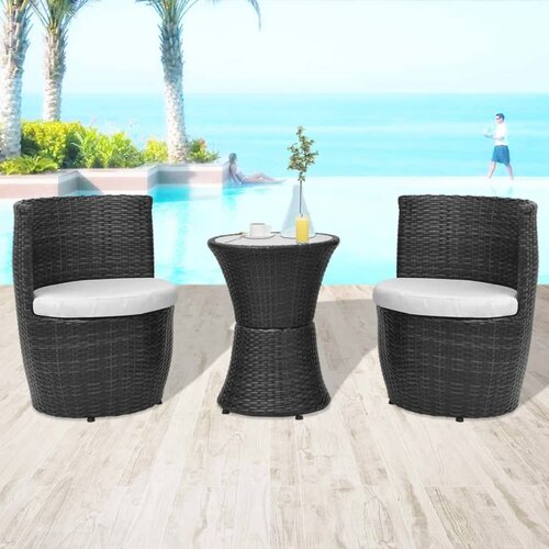  3-dijelni bistro set od poliratana s jastucima crni Slike