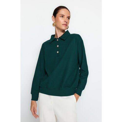 Trendyol Dark Emerald Green Thessaloniki/Knitwear Look, Regular Fit With Buttons Knitted Sweatshirt Slike