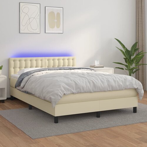  Krevet box spring s madracem LED krem 140x190cm od umjetne kože Slike