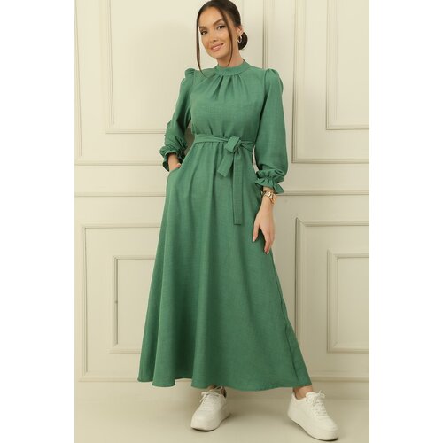 By Saygı Belted Waist Linen Effect Long Dress with Side Pockets Slike
