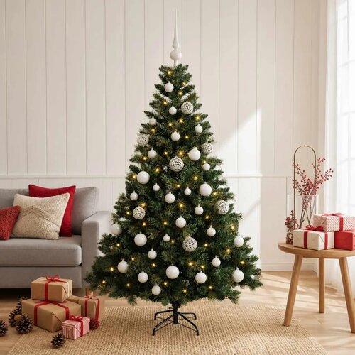  Umjetno božićno drvce s kuglicama 150 cm 150 LED lampica - Zelena 150 cm s LED žaruljama i bijelim kuglicama Cijene