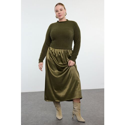 Trendyol Curve Khaki Midi Length Satin Woven Mix Knitwear Dress Cene