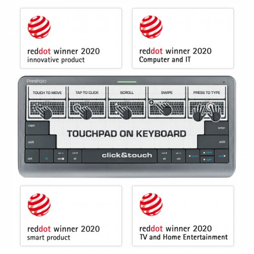 Prestigio Click&amp;Touch, wireless multimedia keyboard for Smart-TV with touchpad embedded into keys, auto-switch between keyboard and touchpad, connect to 5 devices via Bluetooth, USB dongle and Type-C, LED status indicators, built-in battery, space grey color Cijene