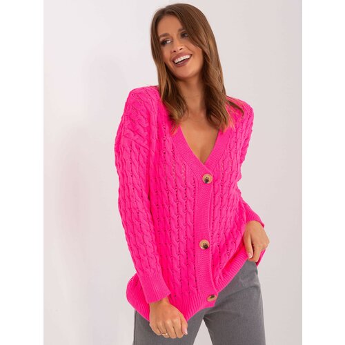 Fashion Hunters Fluo pink women's cardigan with cables Slike