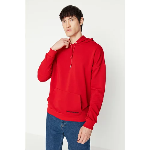 Trendyol Red Men's Oversize Fit Hooded Embroidery Sweatshirt