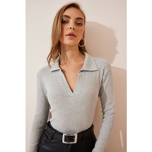 Happiness İstanbul Women's Gray Melange Polo Neck Ribbed Knitted Blouse Slike
