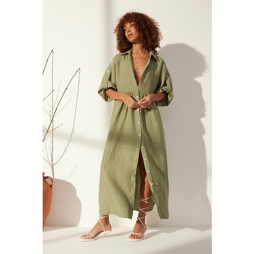 Trendyol Green 100% Linen Oversize Maxi Dress Slike