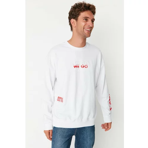 Trendyol White Men's Oversize Fit Crew Neck Printed Sweatshirt