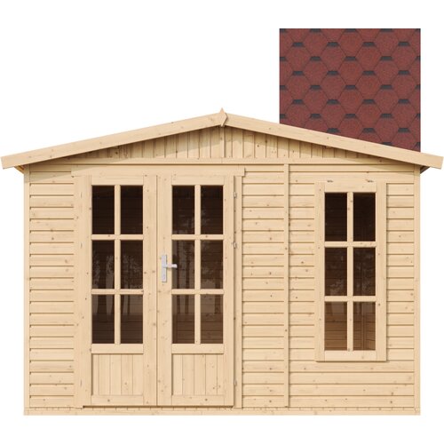 Timbela Lesena vrtna hi&amp;scaron;a - H232x332x222 cm/6 m&amp;sup2; - Vrtna pisarna s podom in bitumenskimi plo&amp;scaron;čicami - M334FB+H334FBRED, (21999114) Slike