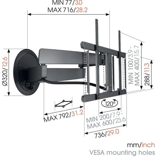 Vogels TVM7655, zidni stalak za ekrane od 40&amp;quot;-77&amp;quot;, pomak 120&amp;deg;, max 35kg Slike
