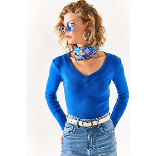 Olalook Women's Sax-Blue Thick Banded V-Neck Shark Blouse Slike