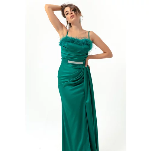 Lafaba Women's Emerald Green Long Satin Evening Dress with Rope Straps and Gemstones Belt.